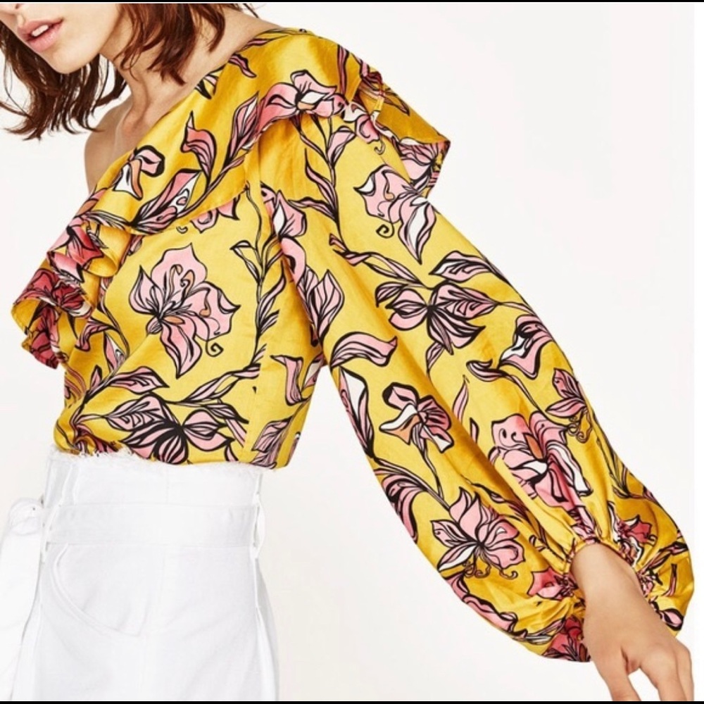 Zara Yellow Floral One Shoulder Ruffle Bodysuit